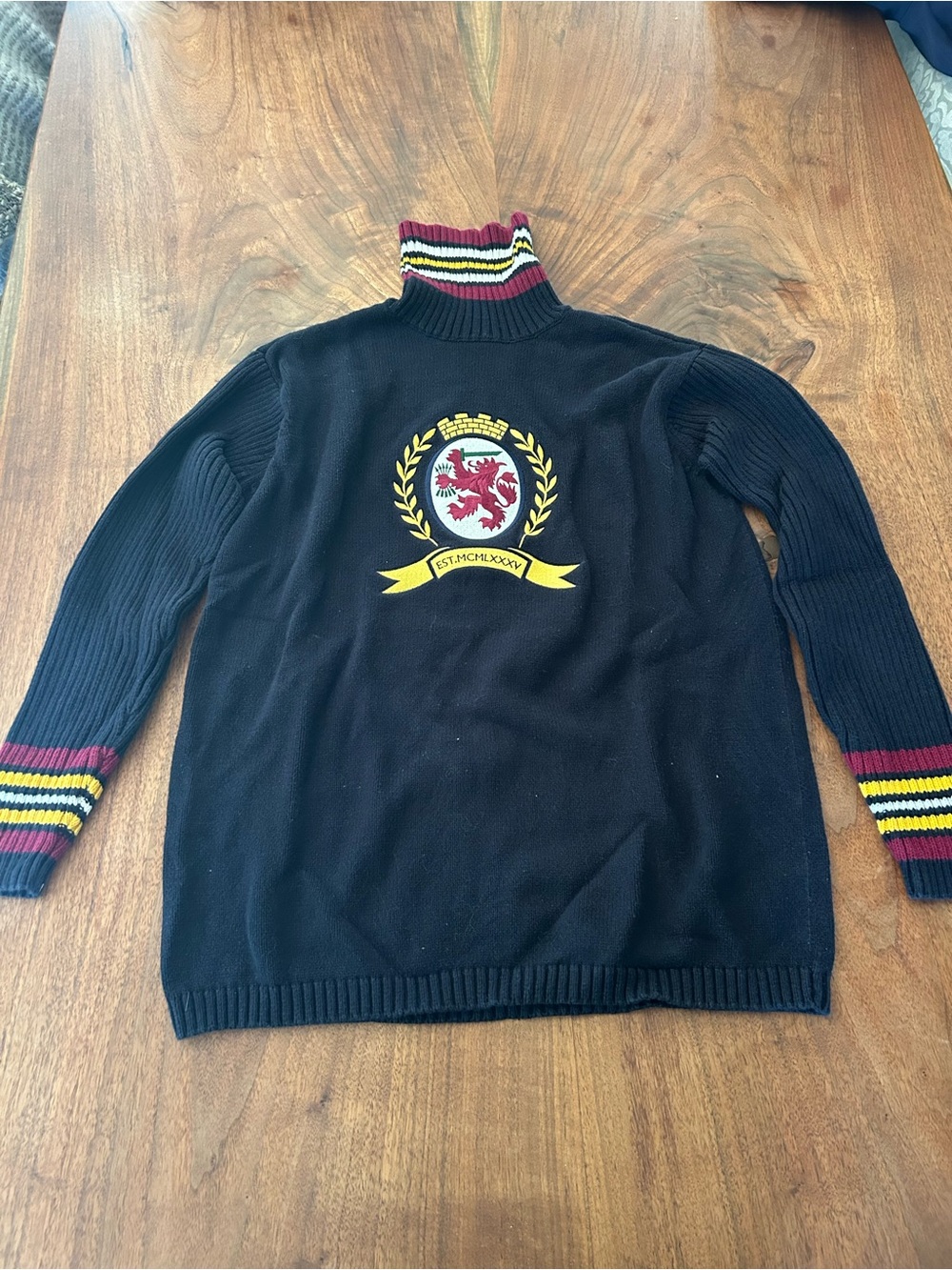 Vintage Tommy Hilfiger Black Turtleneck Sweater with Crest and Stripe Trim